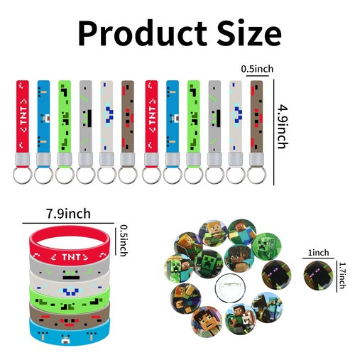 Lyomied 36 Pcs Pixel Birthday Party Favors Set, Game Theme Birthday Party Supplies, Includes Silicone Bracelets, Keychains, Badge, Gaming Party Favors