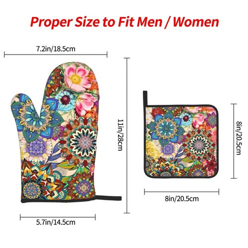 Boho Floral Oven Mitts and Pot Holders Sets, Heat Resistant Colorful Kitchen Gloves Hot Pads, Cute Baker Stuff, Chef Cooking Baking Gifts for Women Bakers, Kitchen Gifts for Cooking Lover Cooks Mom