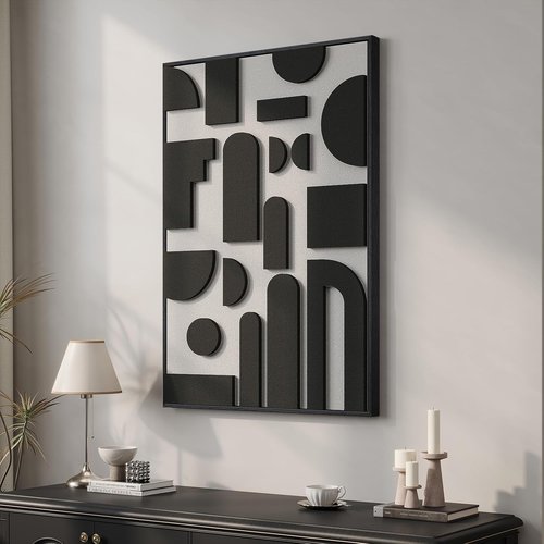 Framed 3D Black and White Abstract Wall Art - Modern Geometric Block Artwork for Home Decor | 24x36 In
