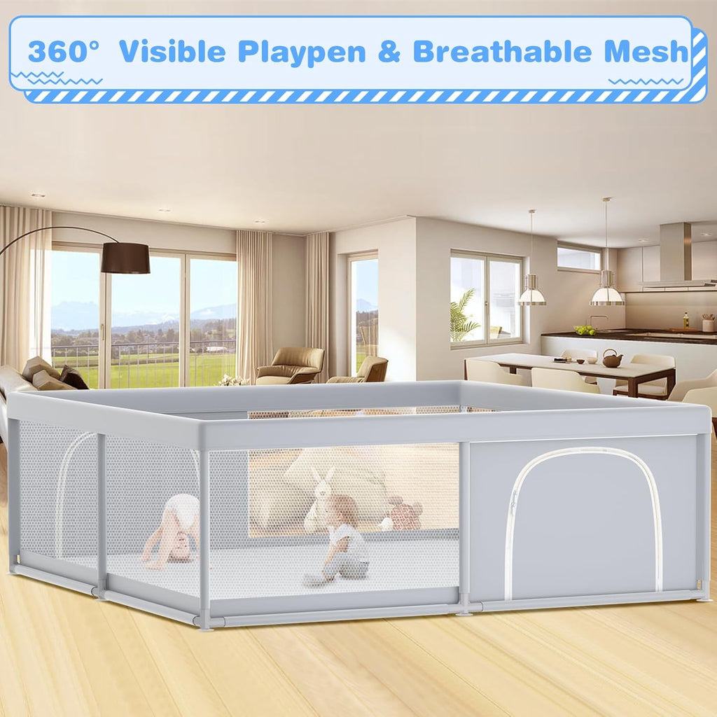 XVISHX Baby Playpen - 79 x 79 Inch Indoor & Outdoor Playard with Soft Breathable Mesh - Grey
