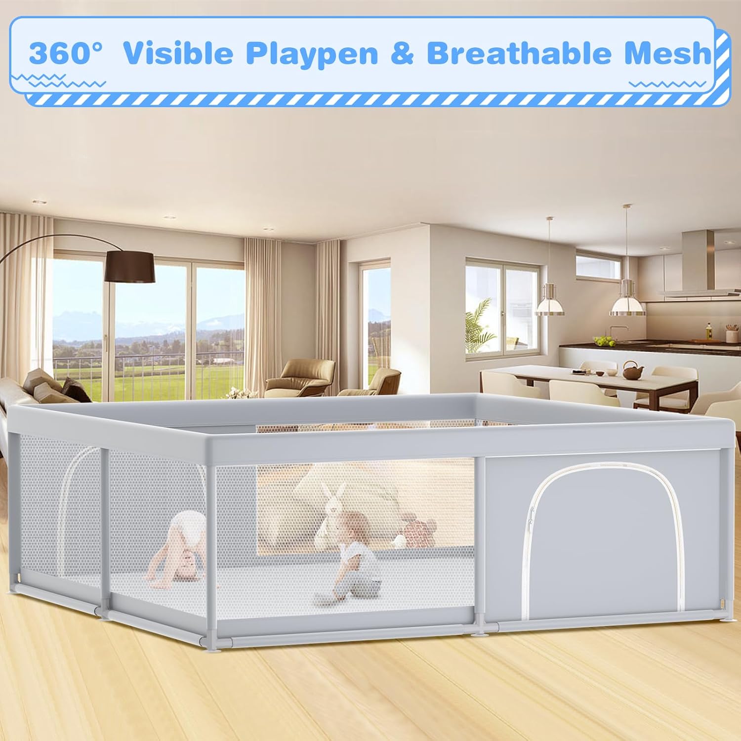 XVISHX Baby Playpen - 79 x 79 Inch Indoor & Outdoor Playard with Soft Breathable Mesh - Grey