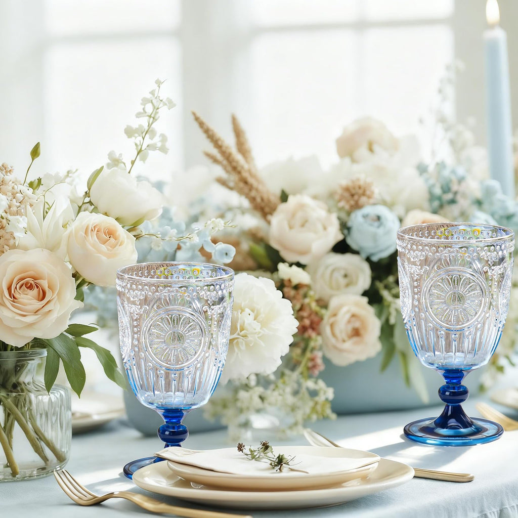 XUWAIDSGN 24Pcs Plastic Vintage Wine Glasses 13.5oz Reusable Embossed Goblet Glasses Blue Gradient Retro Wine Glassware Unbreakable Stemmed Champagne Water Cups for Wine Cocktail Juice Wedding