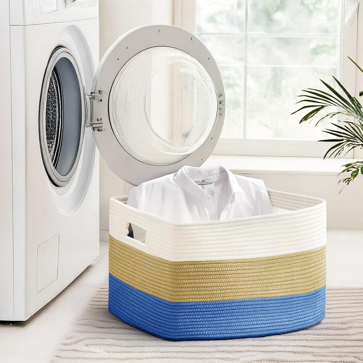 Skiennix Cotton Rope Basket - Large Woven Storage Solution for Blankets, Toys & Laundry | 72L, White & Dark Blue