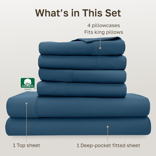 California Design Den King Size Sheet Set - 6-Pc Soft 400 Thread Count 100% Cotton in Peacock Blue