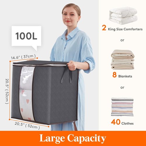 Lifewit 100L Clothes Storage Bins - 3 Pack with Lids, Zippers & Clear Windows for Easy Organization