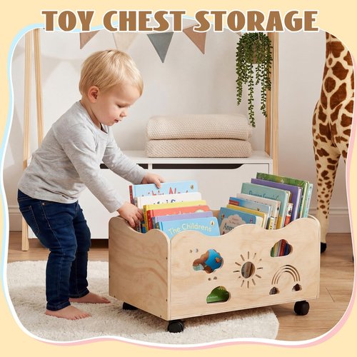 CroBlissful Kids Bookshelf with Wheels, 24" x 14.4" x 10.4" Scalloped Book Shelf for Kids Room Girls Boy Wooden Storage Trunk Mobile Wood Toy Box with Rainbow Pattern for Nursery, Classroom, Bedroom