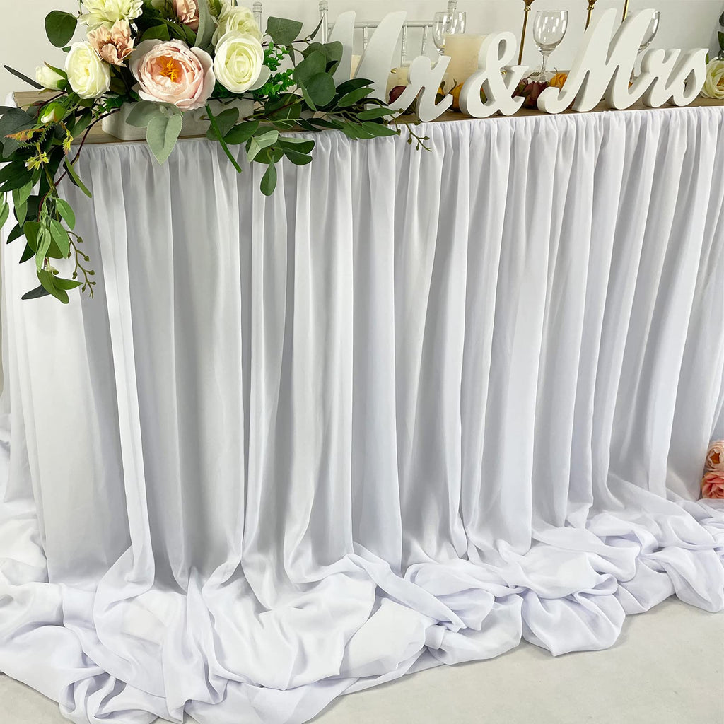 Pooling and Floating Chiffon Table Skirt with extra length, 6FT 9FT 14FT Sheer Tablecloth, Baby Shower, Birthdays Party, Main Cake Table Decoration, Wdding Table Skirt (White, 14FT)
