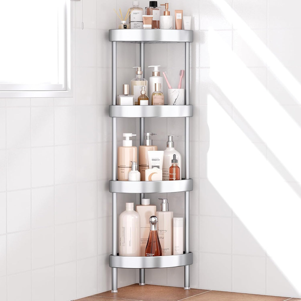 Nieifi Corner Shower Caddy Stand - 4-Tier Rustproof Aluminum Organizer | Height-Adjustable Legs, Silver