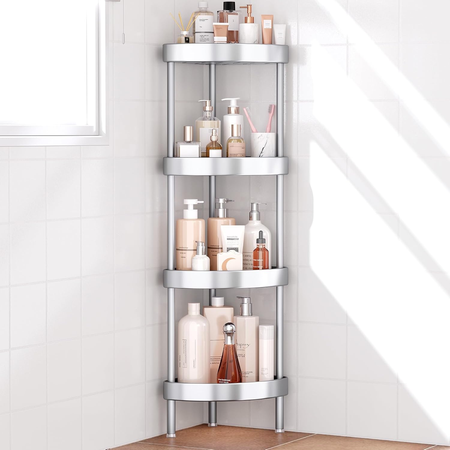Nieifi Corner Shower Caddy Stand - 4-Tier Rustproof Aluminum Organizer | Height-Adjustable Legs, Silver