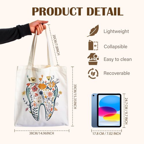 KBRCT Dentist Gifts Tote Bag for Women, Dental Hygienist Gifts Canvas Tote Bag, Dental Assistant Gift, Floral Tooth Dentist Reusable Shopping Grocery Bags