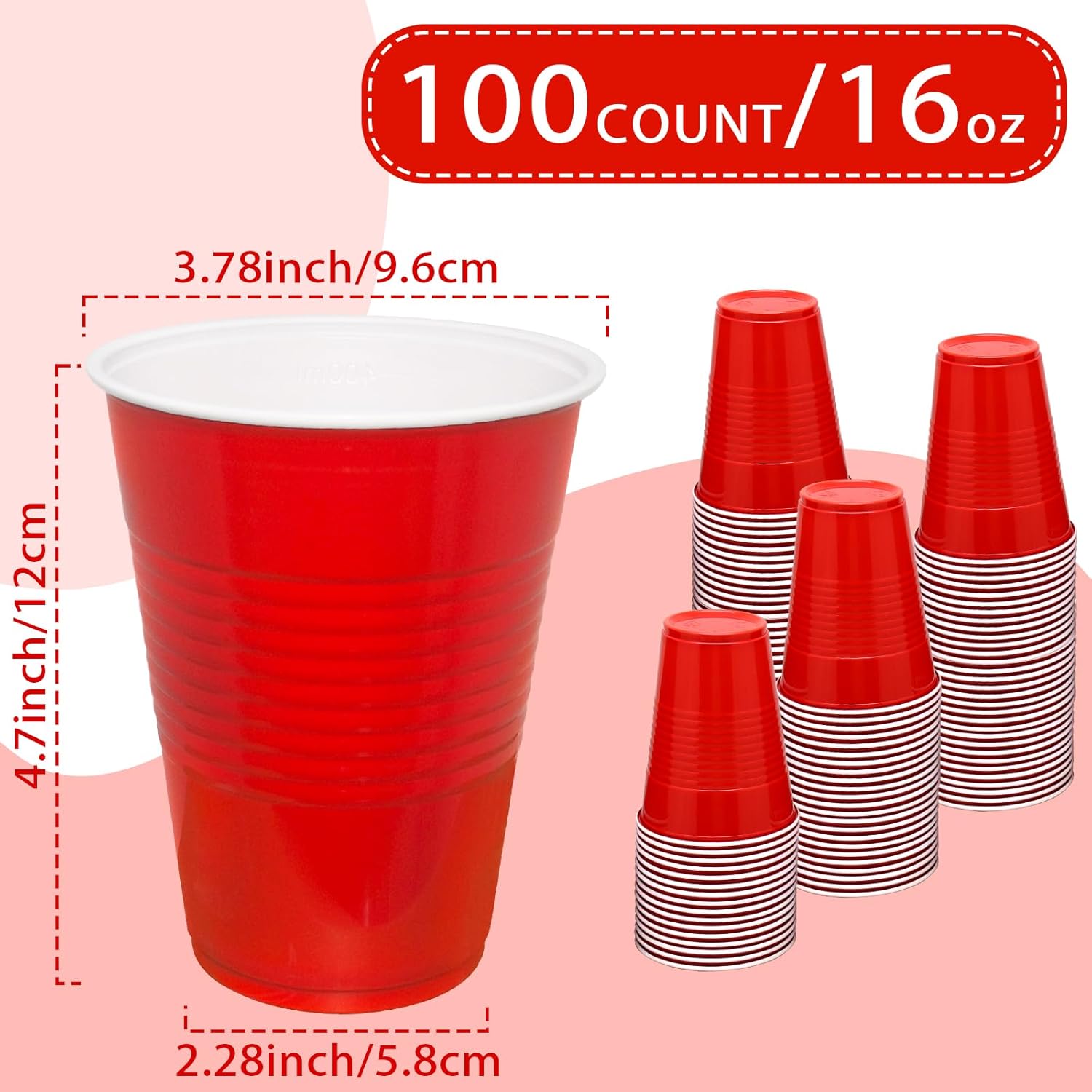 Red Plastic Cups - 16 oz Disposable Party Cups for Birthdays, Picnics & Easter | 100 Count