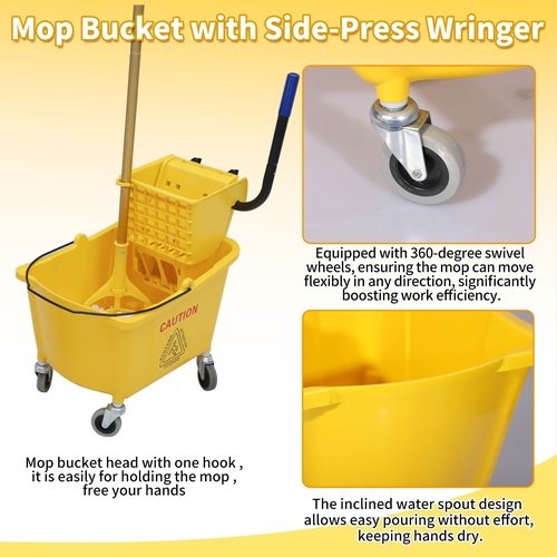Wajeehaa Commercial Mop Bucket with Side-Press Wringer for Floor Cleaning, 35 Quarts, Yellow, Including One Commercial Mop