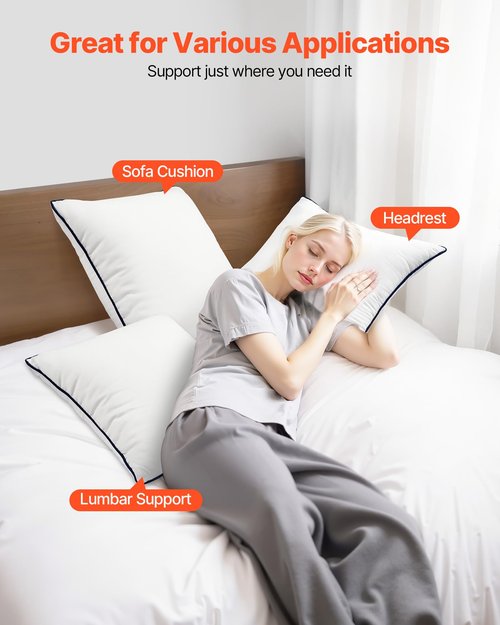 VEVOR 18 x 18 in Throw Pillow Inserts, Set of 2, Firm and Fluffy Decorative Down Alternative Pillows with Polyester Fiber, Square White Cushion with Zipper, for Indoor Bed Couch Sofa and Living Room