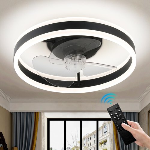 Low Profile Ceiling Fans with Light,16in Flush Mount Ceiling Fan with 6 Wind Speeds,Ceiling Fan Light with Remote for Bedroom,Living Room( Black )