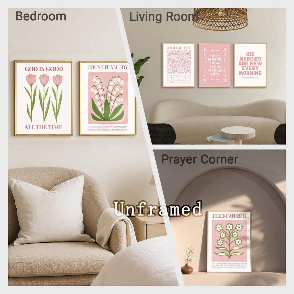 Skiennix 6Pcs Pink Christian Bible Verse Wall Art - Floral Scripture Quotes for Bedroom | 8x10 Inch Unframed