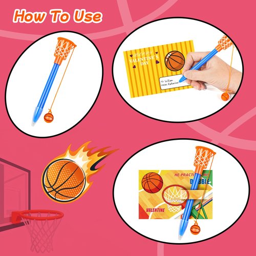 24 Pcs Valentine’s Day Basketball Hoop Pens Bulk with Greeting Cards Basketball Themed Party Favors Sport Novelty Pens School Classroom Office Gifts Exchange Goodie Bag Stuffers for Kids Teens Adults