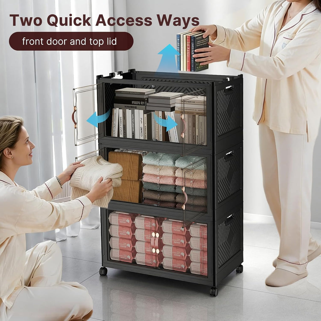 UAMFURI Stackable Storage Bins - 720QT Lockable Cabinet with Lids & Wheels | Extra Large Black Drawers for Home & Office