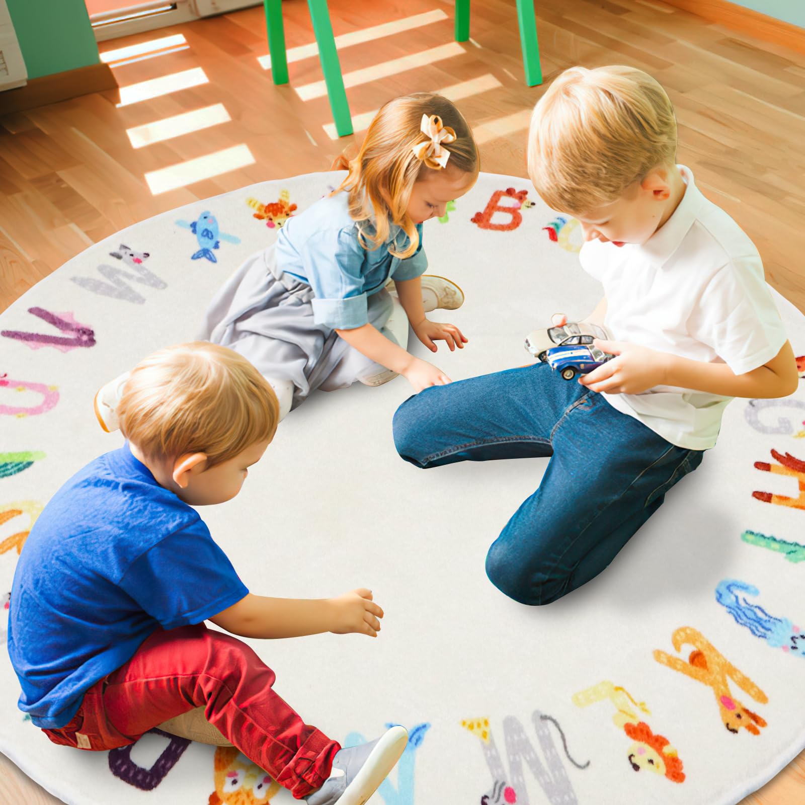 5.2ft Round ABC Animal Kids Rug, Washable Non-Slip Educational Alphabet Play Mat, Cute Carpet for &, Bedroom Classroom(for Age 2+,White)