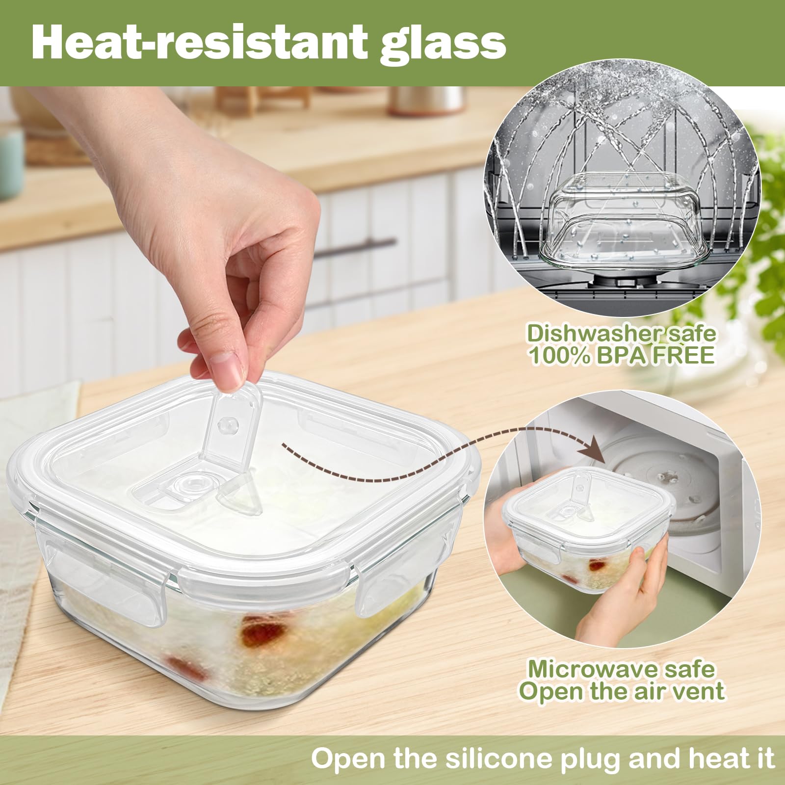 Susukkie Square Glass Containers with Lids 24oz - Borosilicate Glass Food Storage Set 3 Cup, Freezer Safe Meal Prep Containers, Sandwich Lunch Box, Yogurt Cereal Bowls with Vented Lids BPA Free 4 Pack