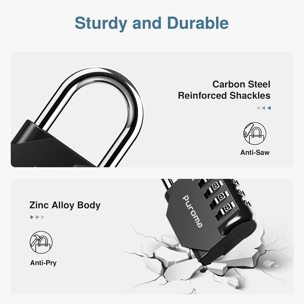 Puroma 4-Digit Waterproof Combination Lock - 2 Pack for School, Gym, Outdoor Use | Black