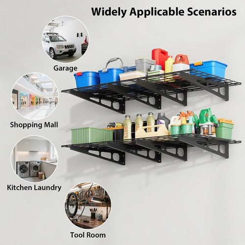 ExploreHorizon 2 Pack 2x6 FT Garage Shelves Wall Mounted Heavy Duty, 1600 LBS Heavy Duty Wall Shelf with Adjustable Distance, for Garage, Kitchen, Laundry, Shopping Mall and Tool Room, Black