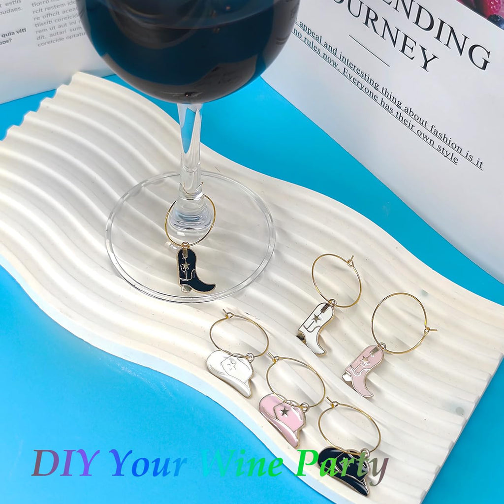 Sopopal Set of 6 Cute Wine Glass Charms Cowboy Boots Hats Funny Wine Markers for Stem Glasses Party Favors Decorations