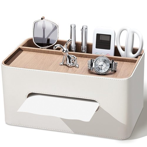 PU Leather Tissue Box Cover Rectangular with Storage Organizer, Multifunctional Remote Control Holder, Desk Organizer for Living Room, Bedroom, Office, Decorative Tissue Holder with Compartments Beige