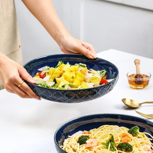 Sureasy 9.7" Pasta Bowls Set of 4-42 oz Large Salad Bowls for Kitchen, Embossed Ceramic Serving Bowls for Fruits, Soup, Pasta and Salad, Microwave & Dishwasher Safe, Blue