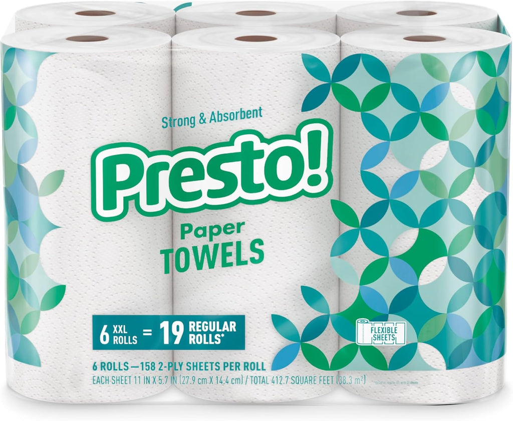 Presto! Ultra-Strong Premium Paper Towels - Flex-a-Size, 158 Sheets, 12 Huge Rolls (2 Packs of 6) | White