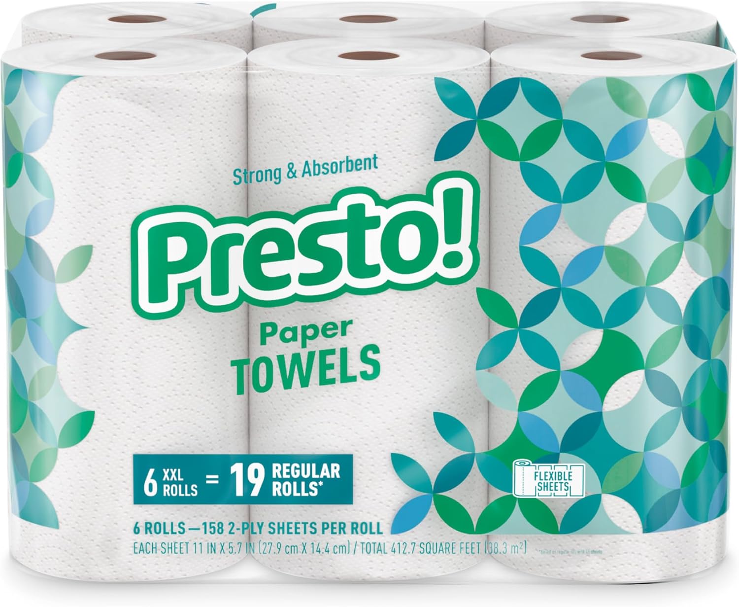Presto! Ultra-Strong Premium Paper Towels - Flex-a-Size, 158 Sheets, 12 Huge Rolls (2 Packs of 6) | White