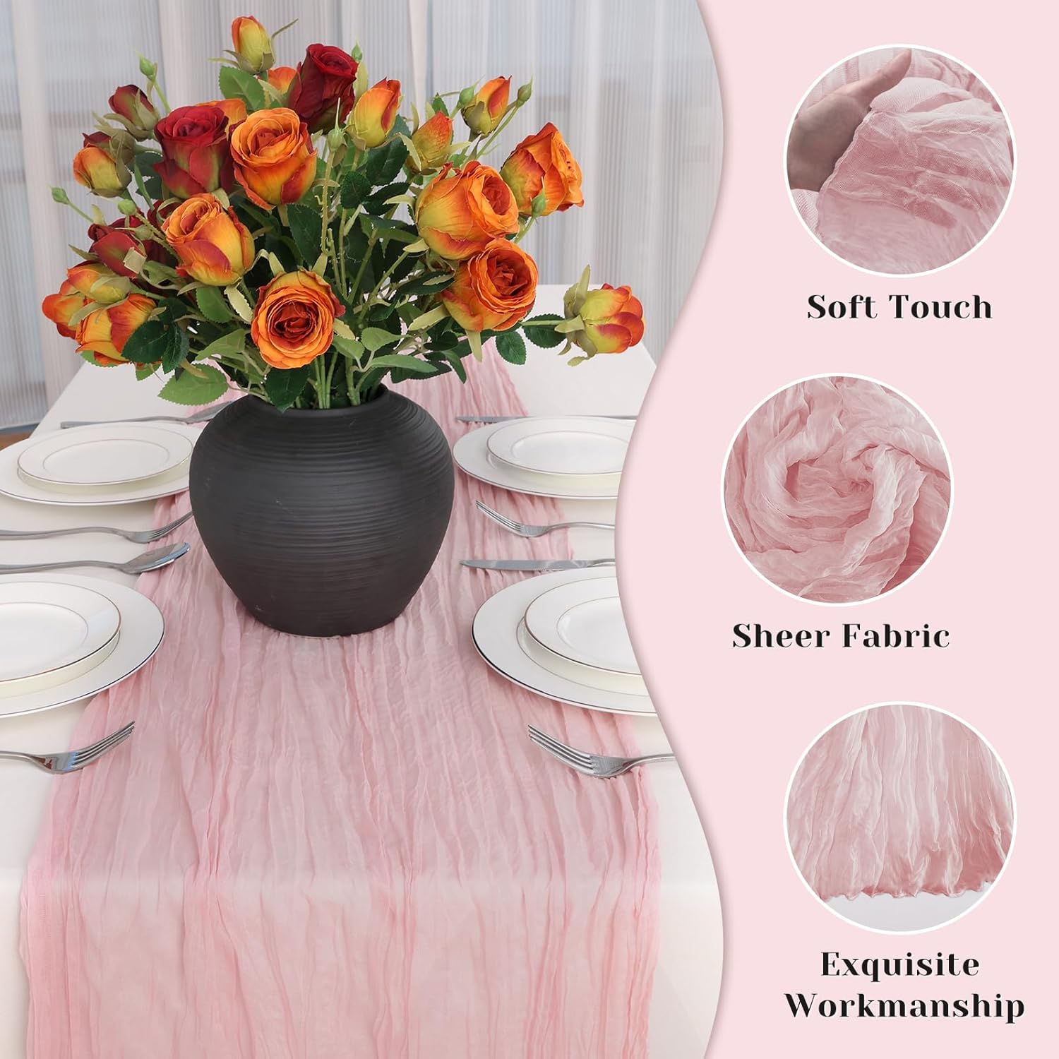 Regine Switzerland Pink Table Runner - 10 Ft Rustic Gauze for Weddings, Parties & Showers | Boho Style