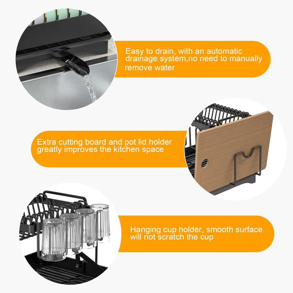 Expandable Dish Drying Rack, Rust-Proof Metal Dish Racks for Kitchen Counter with 360° Swivel Drain Spout, Space-Saving Dish Drainer with Utensil Holder for Small Apartment & Home Organization, Black