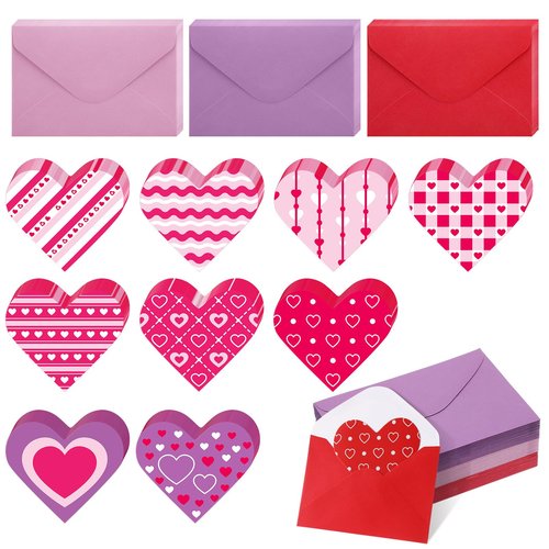 Cholemy 180 Pcs Valentine's Day Cards with Envelopes Blank Heart Shaped Greeting Cards Funny Paper Cutouts Gummed Envelopes for Valentine's Day Anniversary Weddings Invitations, 4 x 6 Inch (Stripes)