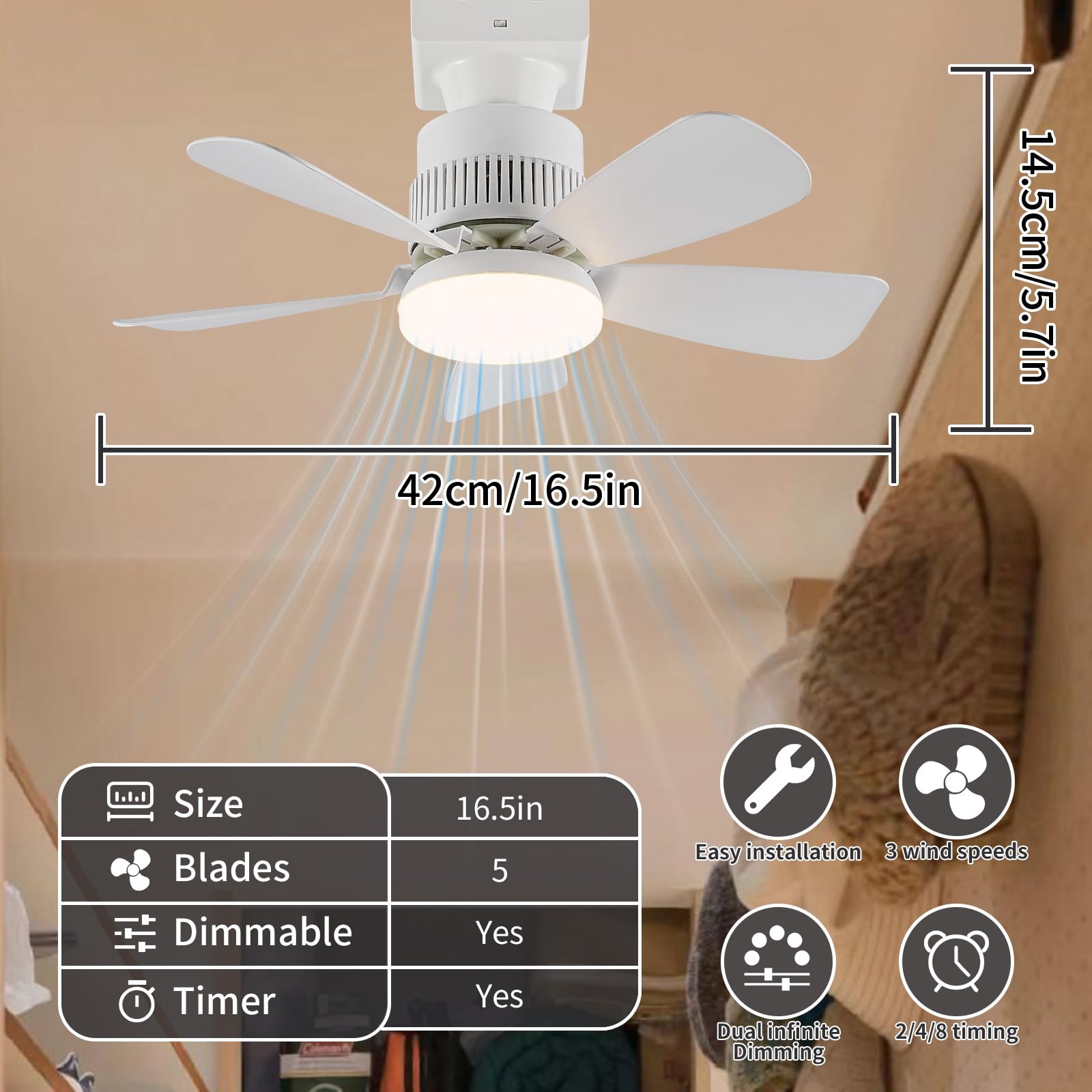 Socket Light Fan with Remote(Pairing Required), Light Socket Ceiling Fan – Turbo Airflow, Whisper Quiet, Memory Save, Smooth Dimming 1000 LM CRI 80+, Screw In Design for Small Rooms, Garages & Dorms