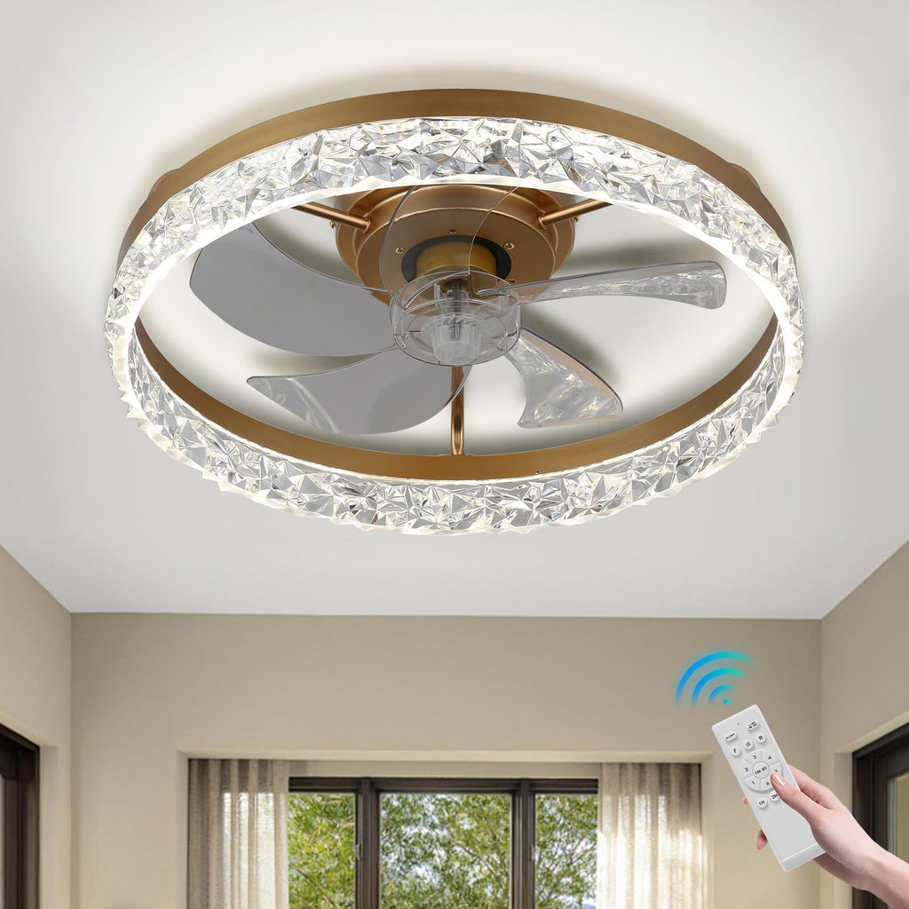 FRIXCHUR 19.7'' Dimmable Low Profile Ceiling Fan with Light，Fandelier Ceiling Fan Flush Mount, 6 Wind Speeds 3 Colours Black Modern Ceiling Fans with Lights for Bedroom