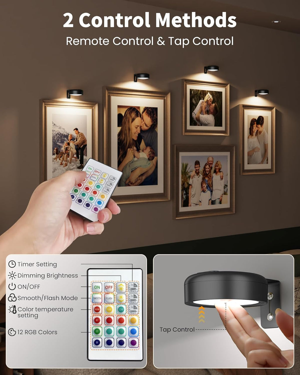 Skiennix 3-Pack Wireless Picture Lights - Rechargeable Magnetic LED Puck Lights with Remote | 3 Color Temps & Dimming