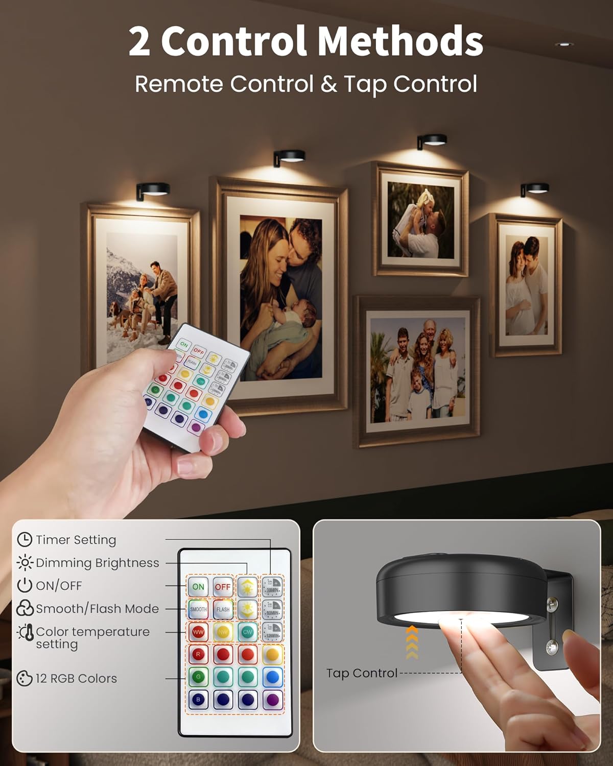 Skiennix 3-Pack Wireless Picture Lights - Rechargeable Magnetic LED Puck Lights with Remote | 3 Color Temps & Dimming