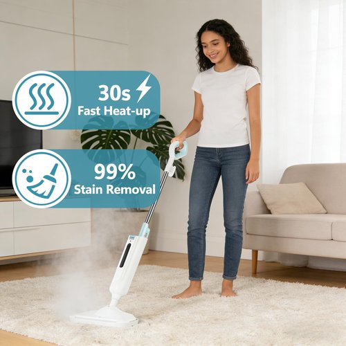 Simple Deluxe Steam Mop for Floor Cleaning, Lightweight Floor Steamer Cleaner Mop - Ideal for Hardwood/Tile/Laminate Floors Carpet, 2 Washable Pad, White and Green