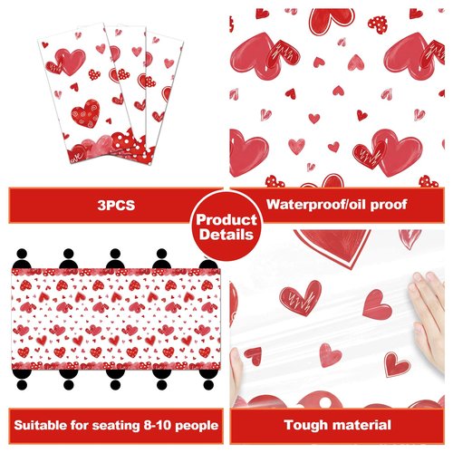 Ohkishly 3Pcs Valentines Tablecloth 54x108 Inch，Plastic Red Love Heart Table Cloth Valentines Tables Cloth,Disposable Plastic Tablecloth for Valentine Decorations,Table Cover for Party Decor
