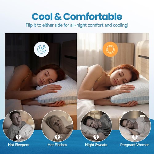 QUTOOL Double Sided Cooling Pillow for Hot Sleepers, Shredded Memory Foam Pillows Standard Size Set of 2, Adjustable Soft & Firm Gel Bed Pillow for Side, Back, Stomach Sleepers