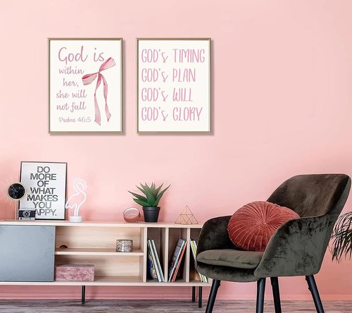 Coquette Pink Bow Canvas Wall Art - Inspirational Bible Verses for Girls' Room Decor | 12"x16" Unframed