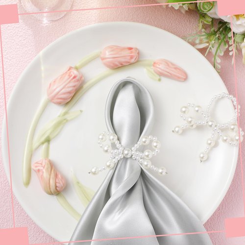 Gandeer 12 Pcs Pearl Bow Napkin Rings Imitation Bow Pearl Ring Napkin Holder Delicate Beaded Serviette Buckles for Christmas Wedding Party Dinner Table Decor and Daily Use(Elegant)