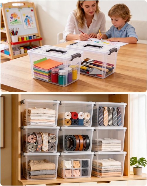 Citylife 6 QT Plastic Storage Bins - 8 Pack Clear Containers with Latching Lids & Handles for Organizing
