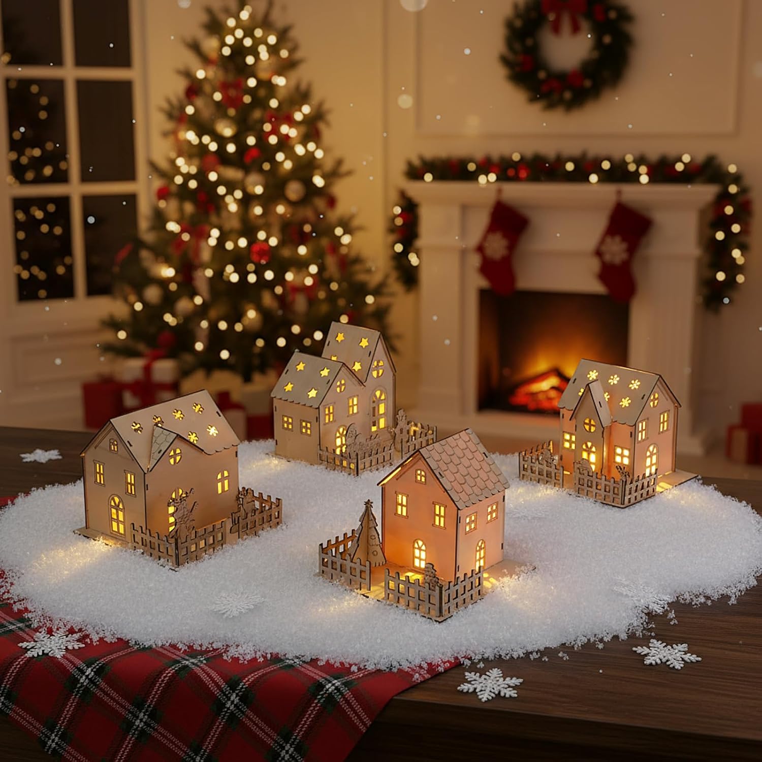 Qunclay Christmas Village Set - 4 Unfinished Wooden Houses for Holiday Crafts & Table Decor