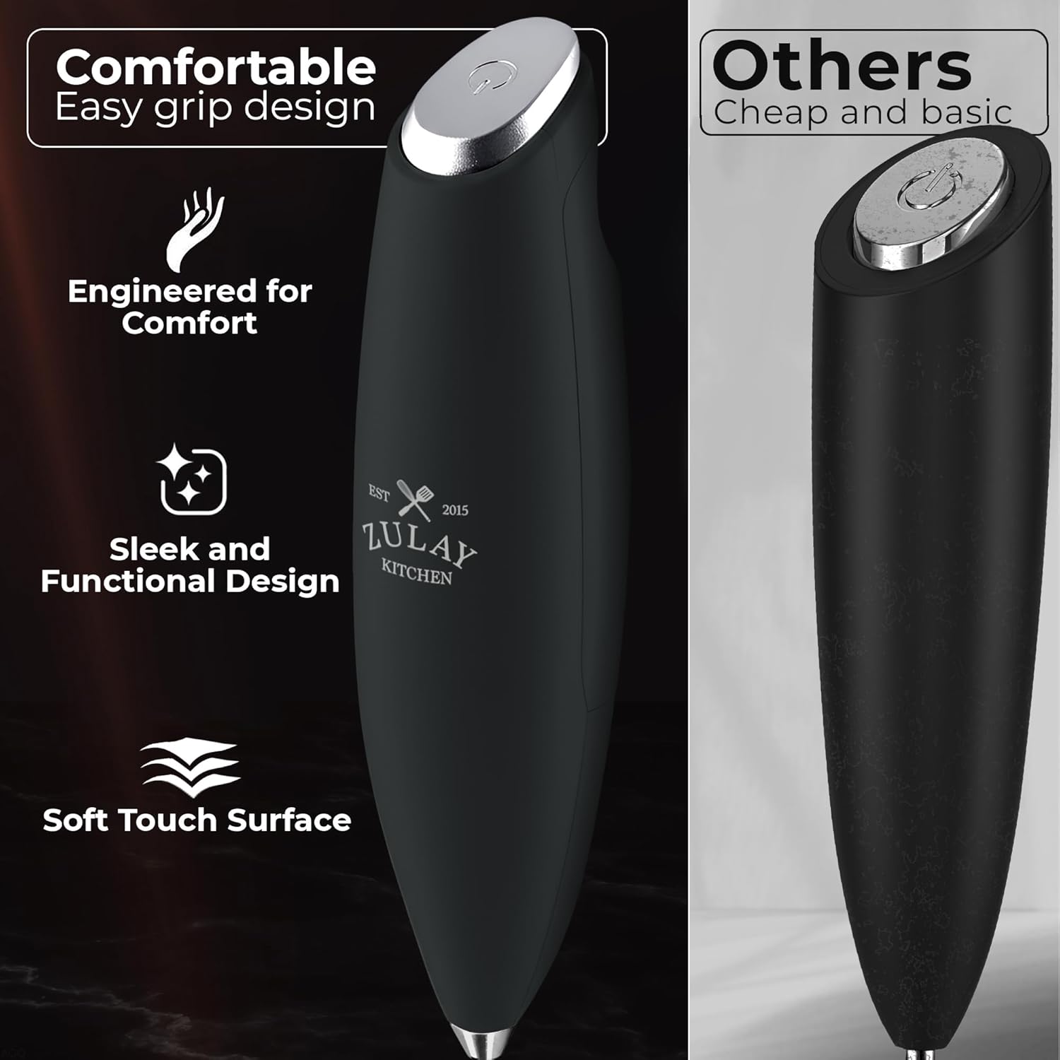 Zulay Kitchen Tornado Triple Whisk Milk Frother - Handheld Foam Maker for Coffee, Lattes & Matcha - Onyx Gray