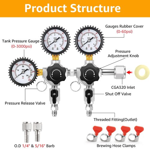 IMAICTUU Dual Output CO2 Regulator CGA-320 Kegerator Regulator with 1/4" & 5/16" Barb,Draft Beer CO2 Tank Regulator Kegerator Parts for Party,Wedding
