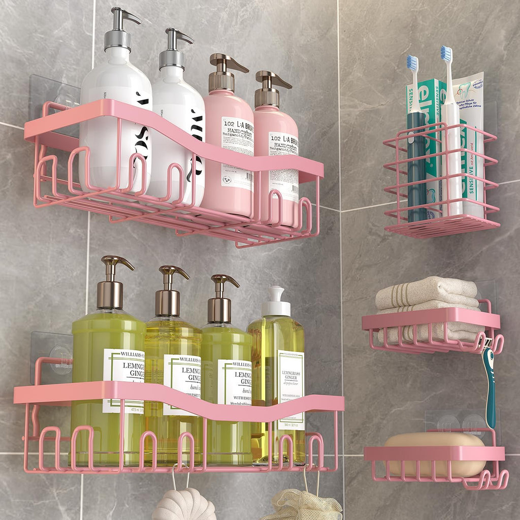 Youvip Adhesive Shower Caddy - No Drilling Bath Organizer Set | 5 Rustproof Shelves in Pink