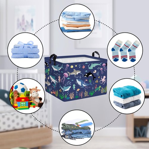 Clastyle Fish Sea Turtle Baby Basket Ocean Coral Seaweed Starfish Toy Book Shelf Basket Waterproof Pool Toy Beach Towel Storage Bin Large Dirty Clothes Laundry Hamper, Whales, 40*30*30 cm