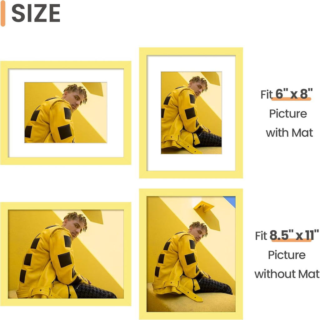 Upsimples 8.5x11 Picture Frame - Versatile Display for 6x8 Photos with Mat or 8.5x11 Without - Yellow, 1 Pack