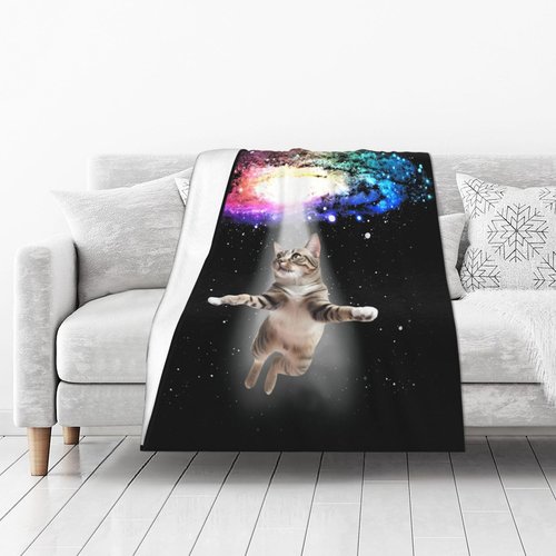 Funny Cat Blanket Space Cat Lover Gifts Throw Blankets for Girls Boys Adult Women Men Kids Plush Cozy Flannel Fleece Ultra Soft Fuzzy Nebula Galaxy Kitten Party Blanket 50"X40"